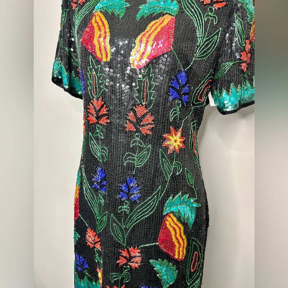 Vintage 80’s silk sequins fully beaded floral design knee length formal dress - Picture 3 of 16
